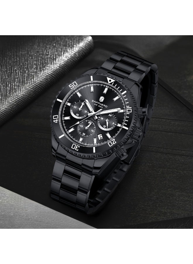 سافيرو ساعة سابفيرو كرونوغراف رجالية من الفولاذ المقاوم للصدأ، مقاومة للماء حتى عمق 50 مترًا، ساعة كوارتز تناظرية مع عرض التاريخ، ساعة كلاسيكية فاخرة وأنيقة، هدية مثالية للرجال. - Image 5